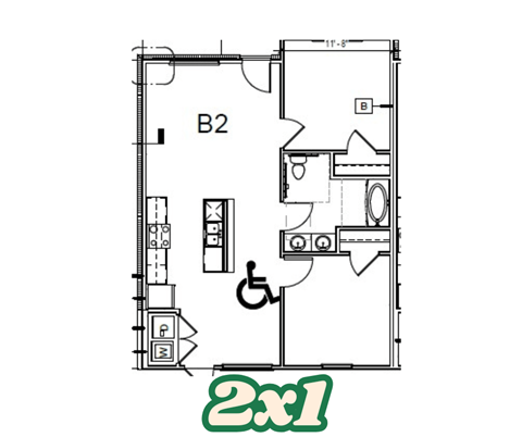 Floor plan for 2 beds, 1 bath, 869 sqft